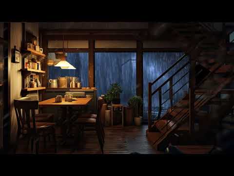 Cozy Cafe Ambience - Relaxing Smooth Jazz Music with Rain & Thunder Sounds at Night
