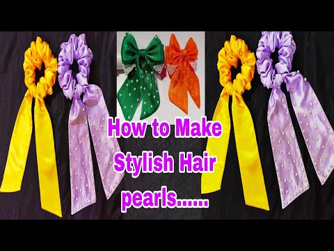 How to Make Stylish Hair longtail scrunchie at Home/Mini Bow Pearl- Satin Jimmy Cho DIY Bow Tutorial