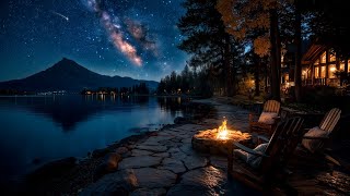 Silent Starry Night Ambience | Lakeside Cabin with Crackling Campfire and Gentle Lake for Sleeping