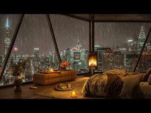 Cozy Bedroom Ambience with Warm Fireplace & Smooth Piano Jazz Music 🌧️ Rainy Night in New York City