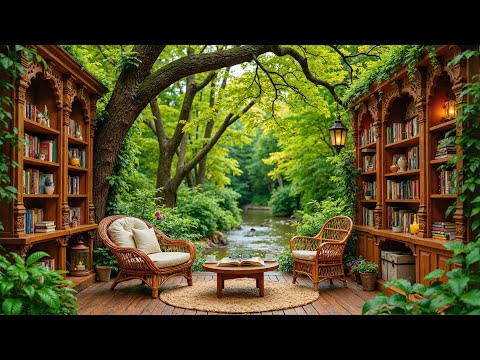 🎷 Tranquill Jazz in Forest Book Café | River Sounds & Gentle Piano for Reading, Deep Work & Calm