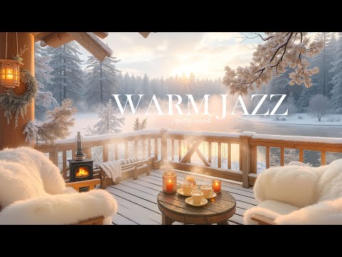 4K Morning Winter at Lakeside ❄️ Cozy Cafe Ambience with Soft Jazz & Fireplace for Relax and Study