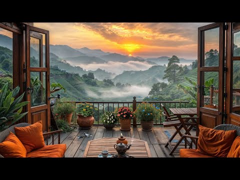 Cool Morning 4K on High Hill With Fog Surrounding Relaxing Wooden House with Birds Singing...