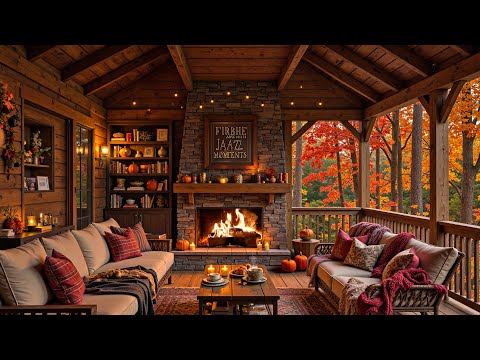 Cozy Porch in Autumn Forest 🍁 Tender Piano Jazz Warm Fireplace Sounds for Relax, Peaceful Moments