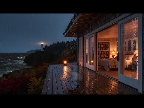 Fall Rain on Coastal Deck | Cozy Bedroom by the Ocean | Autumn Night Ocean Waves & Rain for Sleep