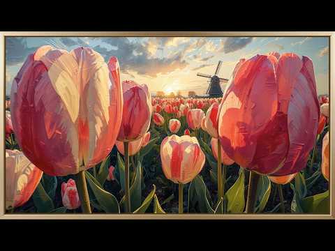 Serene Tulip Field & Windmill Art 4K | Spring Frame TV Art | Luxury Dutch Landscape Painting