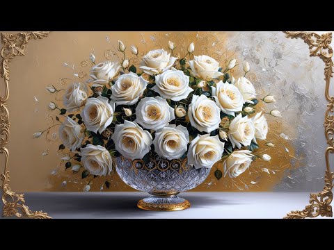 Gold Framed Vintage | Elegant White Roses Painting | Art Screensaver for TV | Opulent Gold Framed TV