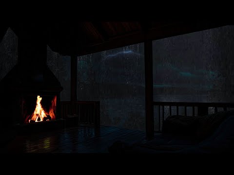 🌲 Rainy Night at the Cabin | Thunderstorm on the Porch & Cozy Fireplace Sounds 🌧️🔥