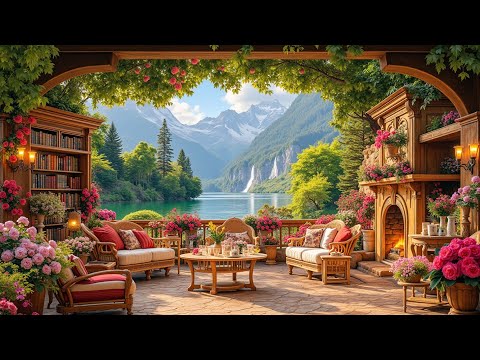 Cozy Spring Coffee Shop Jazz Music Peaceful Ambiance Beautiful Patio View Study Relax