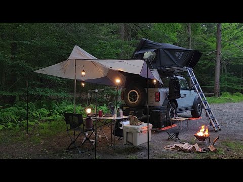 Relaxing Creekside Camping with Bronco Bigfoot | ikamper, Campfire Cooking, Tarp Shelter & ASMR