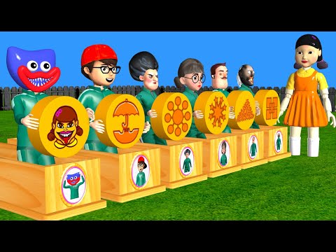 Squid Game vs Scary Teacher 3D Trying Wooden Wheels Rolling Dalgona Candy Shape Challenge 6 Neighbor