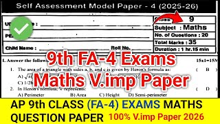 Ap 9th Class FA-4 Exams Maths 💯💯 V.imp Paper 2026 | ap 9th maths fa4 paper
