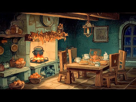 Rainy Night 🌧️ Warm Room with Disney Oldies in Another Room | Fairy Tale Autumn for Relax & Study