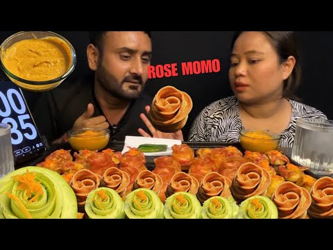 Rose🌹Veg MoMo Eating Challenge With Spicy 🔥Dipping chatni(Sauce)| Mukbang||