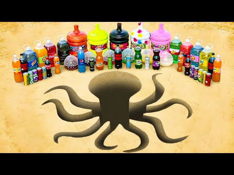 Experiment: Giant Coca Cola vs Mentos in Octopus hole from Balloons Fanta , Mtn Dew & Other Soda Can
