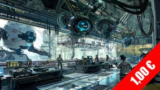 High-Tech Alien Hangar with Robotic Assembly Lines Stock Video