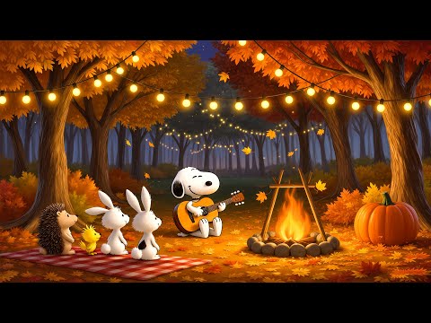 A Peaceful Autumn Campfire Night with Snoopy 🍂 | Warm Lofi Melodies for Study, Relaxation & Sleep