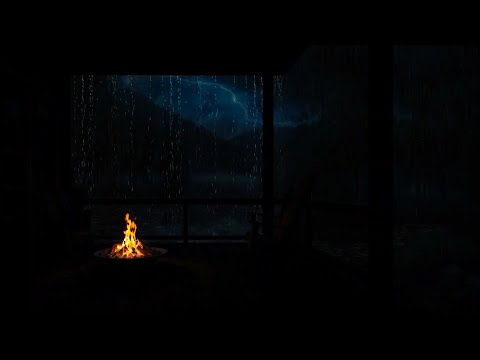 🌧️Cozy Lakeside Cabin Porch at Night⚡Crackling Fire, Heavy Rain & Distant Thunder for Deep Sleep🔥