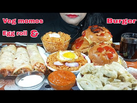 ASMR EATING VEG MOMOS/ASMR EATING EGG BURGER, EGG ROLL, POACHED EGG, MAGGI, SPICE ASMR EATING STYLE