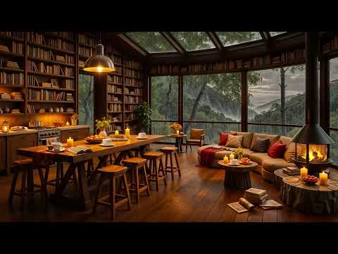 Cozy Cottage in Deserted Forest - Jazz Relaxing Music, Gentle Rain & Warm Fireplace for Work, Study