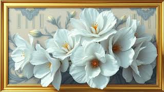 Frozen in Beauty | Pure White Fantasy Flowers in Golden Frame | Silent Background