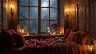 Cozy Rain on Window & Warm Fireplace | Deep Sleep, Study & Relaxing Ambience