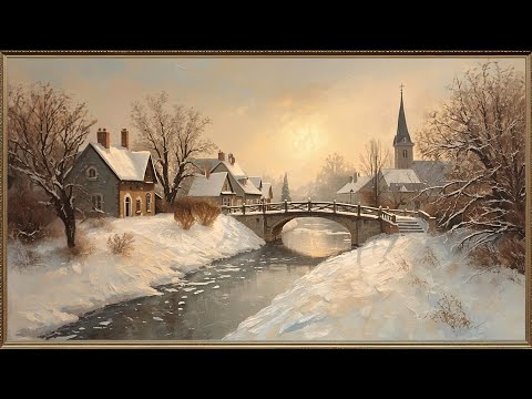 Winter Village River Landscape 4K Frame TV Art | Calm Snowy Town Screensaver