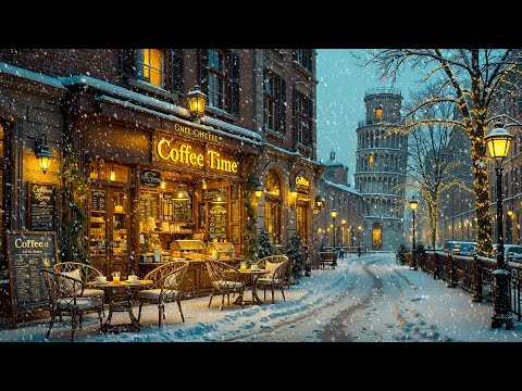 Cozy Winter Ambience ❄️ Smooth Jazz Instrumental & Falling Snow at Outdoor Coffee Shop for Unwind