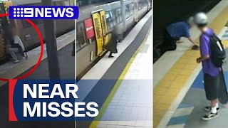Shocking close calls at train stations caught on camera | 9 News Australia