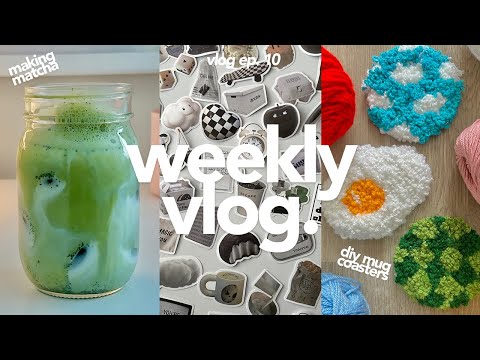 weekly vlog 🍒☁️ | aesthetic stickers for macbook, decorating iphone case, diy punch needle coasters