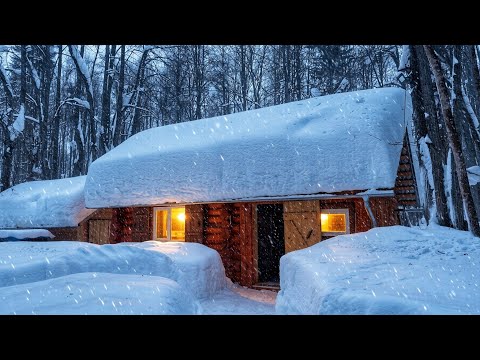 I Live In A Log Cabin During Blizzard and Icy Wind. A cozy night at +30℃ inside.