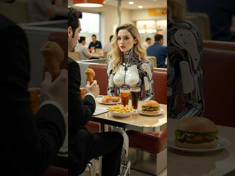 The robot is happily eating fried chicken and French fries. #robot