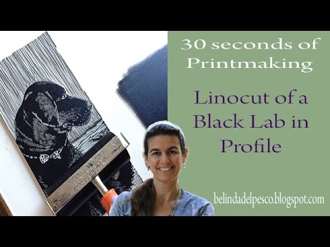 Black Lab Dog Linocut portrait - relief print speed demo