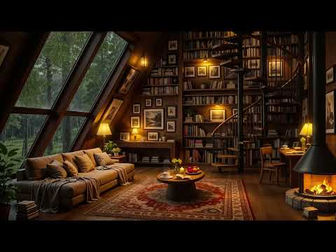 Rain Cozy Reading Nook Ambience - Smooth Jazz Music & Fireplace Sounds for Study, Work