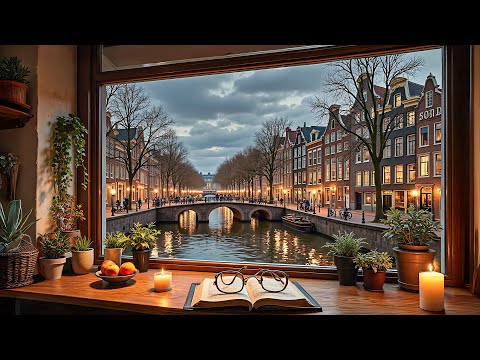 Jazz Piano at Night in Amsterdam ☕ Rainy Canal View with Gentle Jazz Music for Focus & Sleep