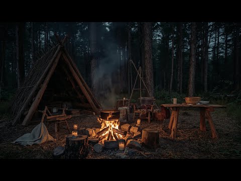 🔥 Cozy Bushcraft Campfire in the Forest | Bonfire Crackling, Owl & Robin Night Ambience 🌲✨