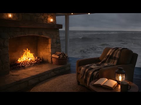 New Crackling Fireplace, Ocean Rain, Thunder | Cozy Porch Ambience for Study, Focus, Reading, Sleep