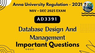 AD3391 Database Design and Management important questions in tamil||DDM||Anna University reg- 2021.