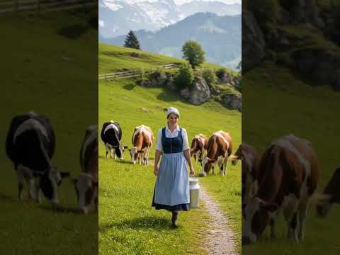 Peaceful village life in full bloom. 🐄🥛🏔️ #VillageVibes #Milkmaid #RuralBeauty #FarmLife #SwissMood