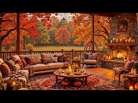 Relaxing Autumn Jazz Atmosphere 🍂 Cozy Porch Fireplace Ambience in the Garden for Calm Focus