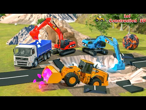 Meteorites Falling to Earth: Concrete Truck, Excavator, Dump Truck | 3D Construction Vehicles