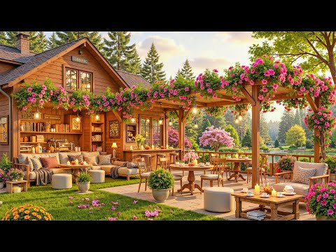Spring Morning Saxophone Jazz in a Cozy Lakeside Cafe Shop ☕ Relaxing Coffee Music & Nature Ambience