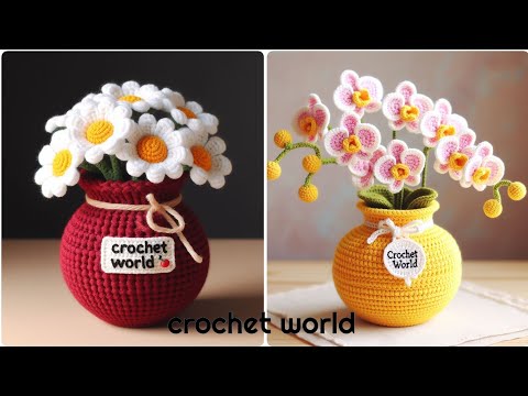 Crochet flower vase model. Hand knitted crochet flower vase design.