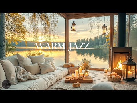 4K Lakeside Forest Winter Ambience - Nature Retreat with Relaxing Jazz & Crackling Fireplace