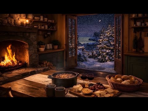 Seaside Cottage on a Winter Night | Cozy Fireplace, Ocean, Snow Ambience | Sleep, Study, Relax, Read