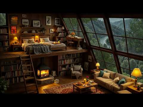 4K Relaxing Room Ambience for Work - Soft Jazz Background Music with Fireplace Burning, Rain Sounds
