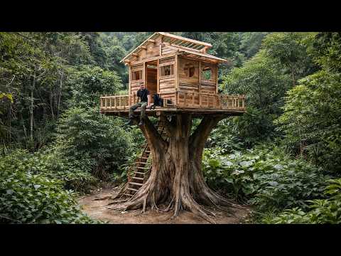 I Built My Dream Log Cabin in a Tree. Solo Survival in the Forest - Part 1
