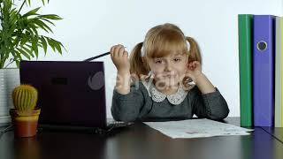 Preschool Child Girl Distance Online Learning at Home, Kid Studying Using Digital Laptop Compute...