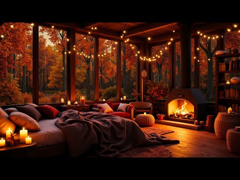 Jazz Rhythm of October Autumn in Cozy Cabin 🍂 Crackling Fireplace & Rain Sounds for Perfect Relaxing