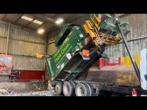 Resi garbage truck drops it’s full load in the trailer. Bonus box smashing. #garbagetruck #garbage